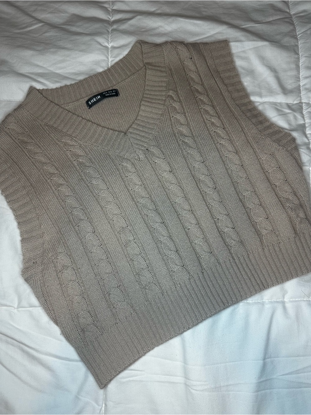 SHEIN Taupe Cable-Knit V-Neck Sweater Vest